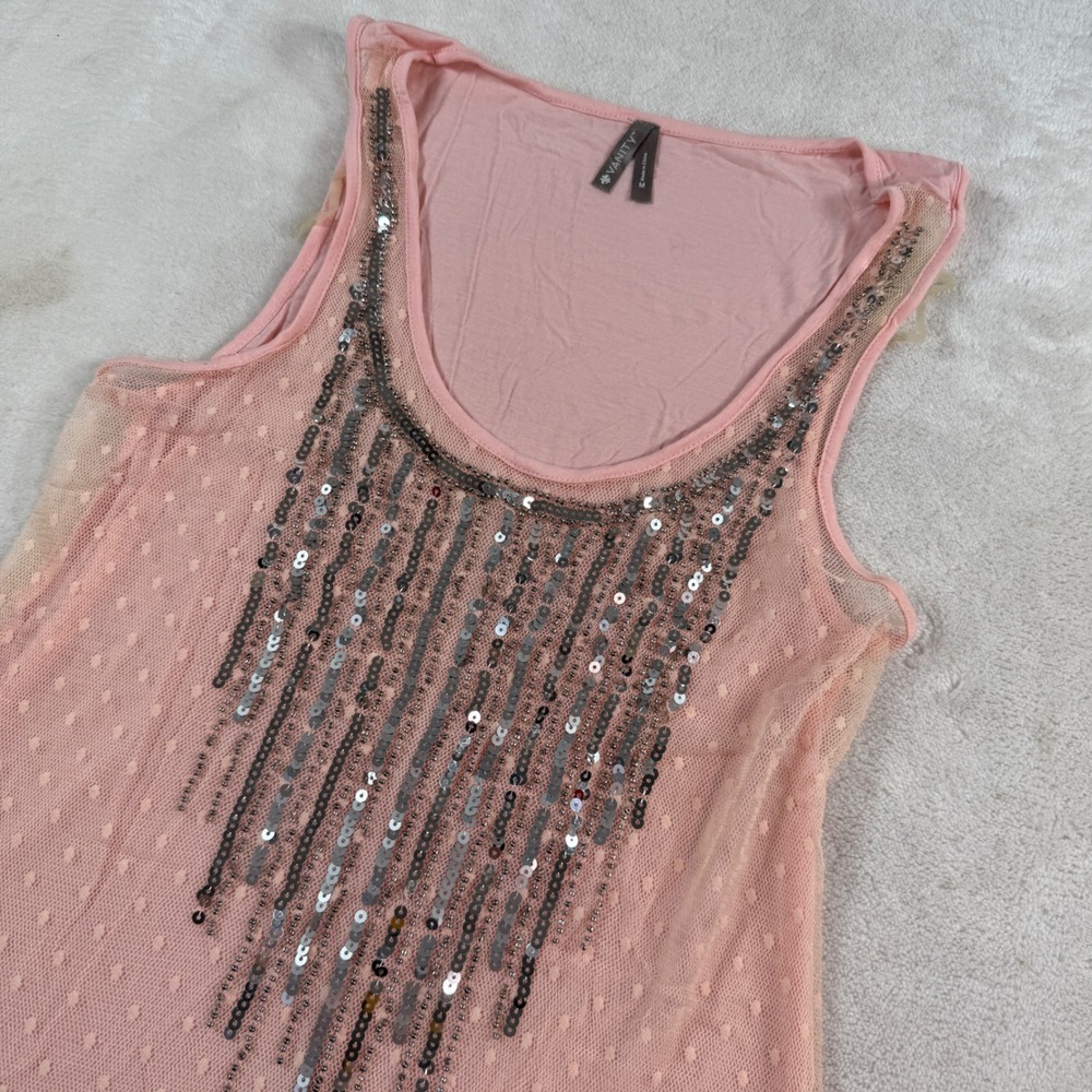 Vanity Pink Sequin Mesh Handkerchief Hem Tank Women Medium Scoop Neck Sleeveless